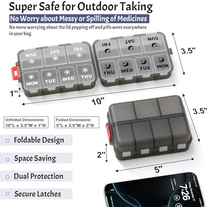 Foldable Portable 7 Day Pill Organizer 2 Times a Day, AM PM Weekly Pill Box