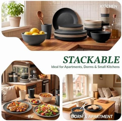 Homienly 40 PCS Wheat Straw Dinnerware Sets Dishes Set for 8 Unbreakable Plates and Bowls Sets for Kitchen Dishwasher and Microwave Safe Plate Set Camping, Apartment, Kids-Grey Stone