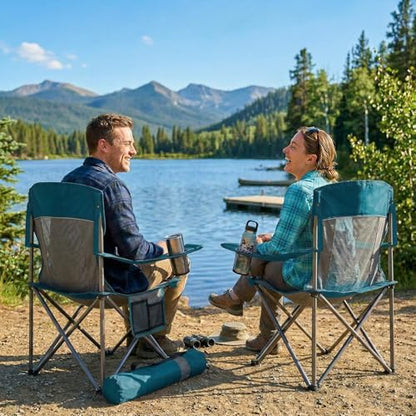 2 Pack Camping Chairs for Adults,Oversized Mesh Back Lawn Chair with Cup Holder, Side Pocket&Bag for Outdoor,Beach,Picnic,Fishing,and Sports,Breathable,Heavy Duty,Blue