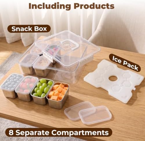 Homelove Snackle Box Container with Ice-Pack, Snack Container Divided Serving Tray with 8-Compartment Snack Platter, Lid and Handle, Food Organizer for Outdoor Travel Party Beach Picnic
