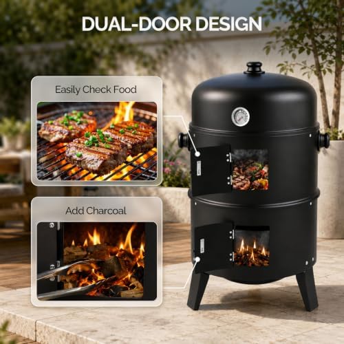 VINGLI 18 Inch Multi-Layer Charcoal BBQ Smoker Grill, Heavy Duty Round Grill, Vertical Smoker with Thermometer, for Outdoor Cooking, Patio, Parties, Backyard