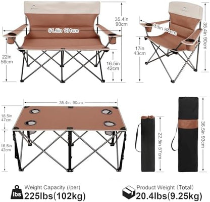 Camping Chair Set of 3, Outdoor Folding Camping Chairs for Heavy People with Cup Holder & Carry Bag,Collapsible Chair Include One Sofa Chair and Two Single Chair,Support up to 500lbs