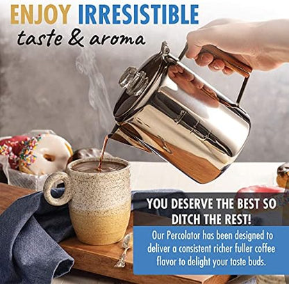 Eurolux Percolator Coffee Maker Pot - 9 Cups | Durable Stainless Steel Material | Brew Coffee On Fire, Grill or Stovetop | No Electricity, No Bad Plastic Taste | Ideal for Home, Camping & Travel