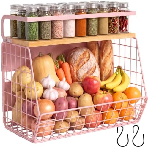 Magnetic Shelf for Fridge with Wood Lid, Fruit Potato and Onion Storage Bins, Pantry Organizers & Storage, Large Container Magnetic Spice Rack for Refrigerator, Kitchen Counter, Cabinet (Pink, 1)