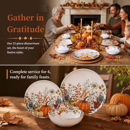 12pcs Melamine Dinnerware Set - Fall Pumpkin Plates and Bowls for RV