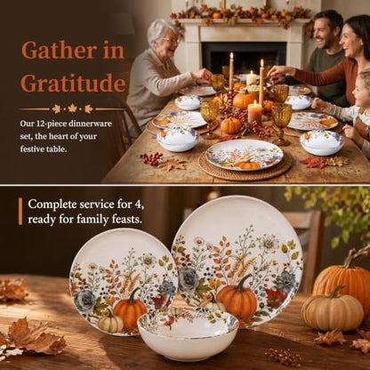 12pcs Melamine Dinnerware Set - Fall Pumpkin Plates and Bowls for RV