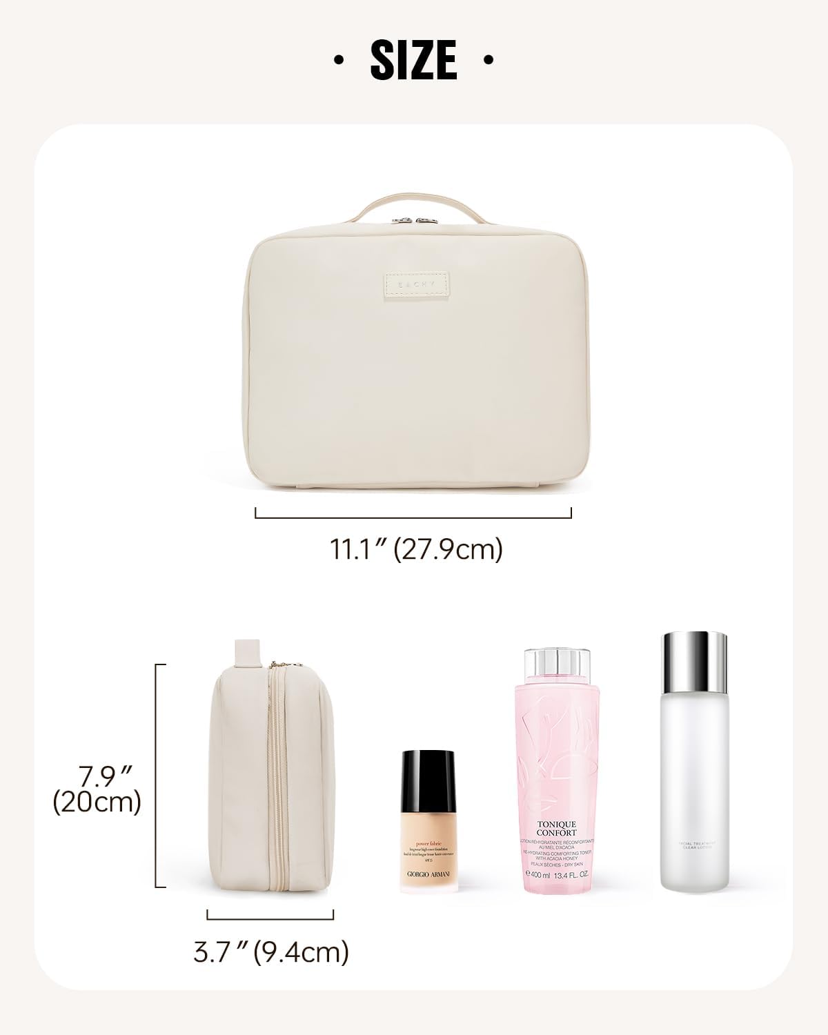 EACHY Toiletry Bag with Hanging Hook, Travel Makeup Bag PU Leather Cosmetic Bags for Women Make Up Organizer with 4 Compartments Waterproof Full-Size Portable Travel Essentials (Beige)