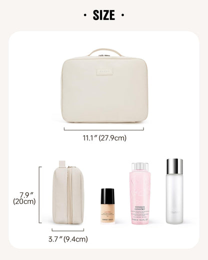 EACHY Toiletry Bag with Hanging Hook, Travel Makeup Bag PU Leather Cosmetic Bags for Women Make Up Organizer with 4 Compartments Waterproof Full-Size Portable Travel Essentials (Beige)