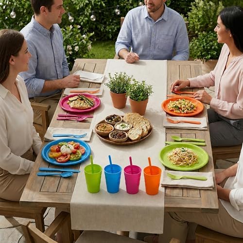 Basicwise 20-pc Reusable Plastic Dinnerware Set for 4 – Microwavable & Dishwasher Safe Assorted Color Plates, Cups, and Cutlery for Party, Picnic, Camping, Outdoor Gathering & Everyday Dining