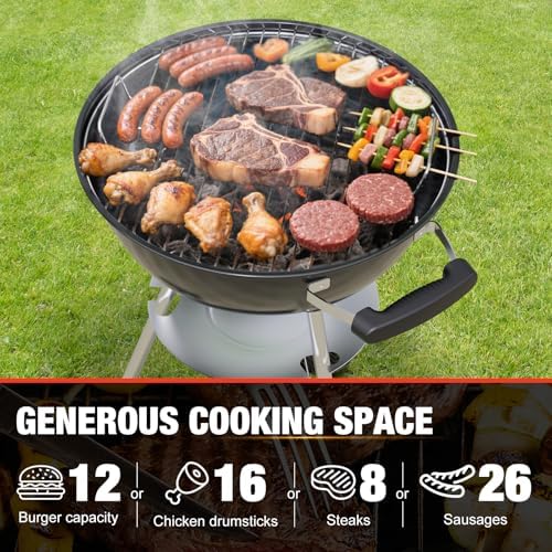 18 inch Charcoal Grill, Portable Kettle BBQ Grills, Perfect BBQ Gift, Durable & Easy to Assemble, Round Barbecue Grill with Wheels and Lid for Outdoor Cooking, Patio and Beach, Black