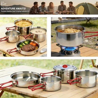 Foldable 18/8 Stainless Steel Camping Cookware 11pcs for 4-8 People