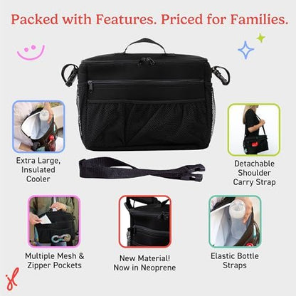 J.L. Childress Cool 'N Cargo Stroller and Wagon Cooler and Organizer - Universal Fit - Insulated - Attaches to Strollers, Wagons, Walkers and Wheelchairs - Large Capacity - Black