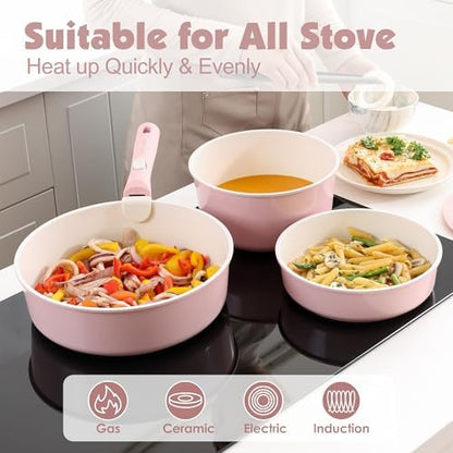 SENSARTE 17 Piece Ceramic Detachable Handle Pots and Pans Set Pink