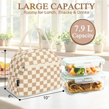 FlowFly Lunch Bag for Women Insulated Lunch Box Corduroy Lunch Tote Cooler for Travel Work Picnic,Corduroy Plaid Khaki