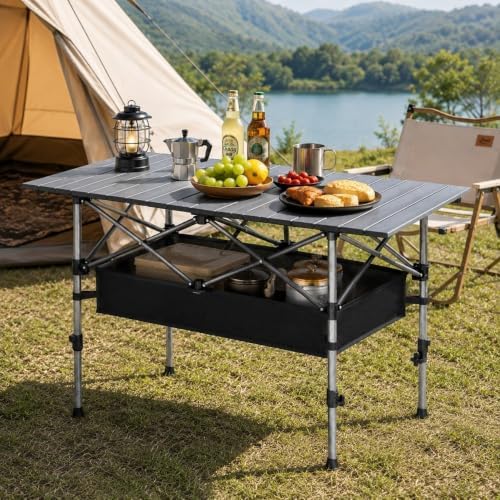 Aoran Folding Camping Table,Portable Adjustable Height Roll Up Table with Mesh Storage Net & Carry Bag,Lightweight Picnic Table for Tailgate Outdoor Backyard BBQ Patio