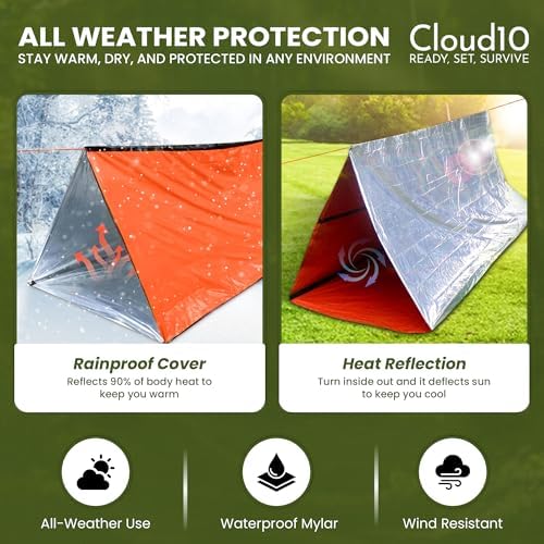 CloudTen Emergency Tent: Lightweight 2 Person Survival Tent with Multi-Function Paracord Bracelets - Essential Survival Gear & Bug Out Bag Items for Preppers, Hikers, Survivalists, Campers, Boy Scouts