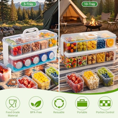 Snackle Box Container: Snack Organizer Divided Serving Tray with Ice-Pack, Portable Double-layer Tray Snackle Box for Food and Drink, Snack Platter for Travel Beach Picnic (White - 5 Tray)