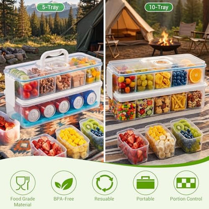Snackle Box Container: Snack Organizer Divided Serving Tray with Ice-Pack, Portable Double-layer Tray Snackle Box for Food and Drink, Snack Platter for Travel Beach Picnic (White - 5 Tray)