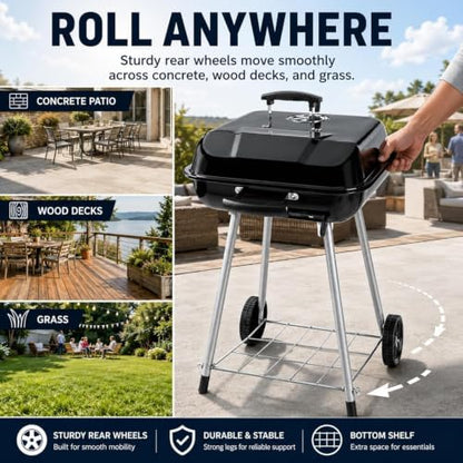 17.5 Inch Square Charcoal Grill with Wheels, Portable Outdoor BBQ Kettle