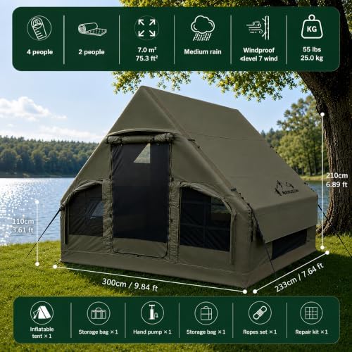 NANJEEN® Large Luxury Inflatable Camping Tent,Wind & Rain Resistant,12㎡ Interior,2-10 Person Shelter,8 Minutes Fast Setup with Hand Pump,All-Season Ready,Dual Doors,Mosquito-Proof Mesh Windows