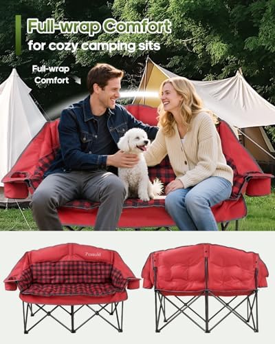 Padded Double Camping Chair Loveseat Oversized Camping Couch, Red