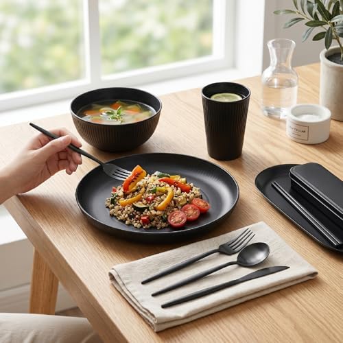 Luocute Dinnerware Set for 4, 12 Pieces Reusable Plates and Bowls Sets Microwave and Dishwasher Safe, with Cutlery Set, for Travel Camping Kitchen