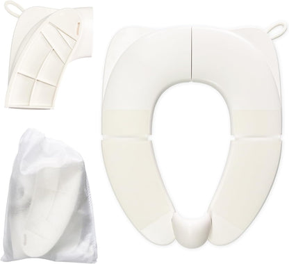 Kids Foldable Toilet Seat with Storage Bag - Training Urine Anti-Slip Toilet Seat Cover with Splash Guard for Children Toddlers, Portable & Travel-Friendly Easy Clean Universal Fit-White