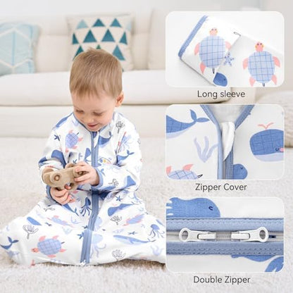 Baby Sleep Sack 0-6 Months, Long Sleeve Baby Wearable Blanket 0.5 Tog with Mittens, 2-Way Zipper Newborn Cotton Sleeping Sack for Boy and Girl Blue Whale 2 Pack (Small)