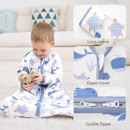 Baby Sleep Sack 6-12 Months, Long Sleeve Baby Wearable Blanket 0.5 Tog with Mittens, 2-Way Zipper Newborn Cotton Sleeping Sack for Boy and Girl Blue Whale 2 Pack (Medium)