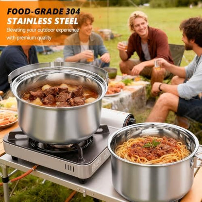 Bonnlo Camping Cookware Set, 6 Pcs 304 Stainless Steel Camp Pots and Pans with Kettle, Steamer Basket & Lids, Travel Tote Bag Included for Outdoor Cooking, Works on Gas, Electric & Induction Cooktops