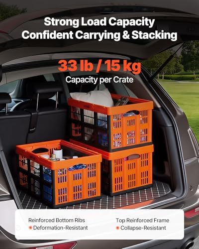 VEVOR Plastic Collapsible Storage Bins, 45L 6 Packs, Stackable Folding Storage Crates with Handles, Holds 33 lbs Per Bin, Foldable Heavy Duty Containers, Space-Saving Baskets, for Home Organizing