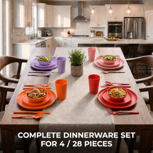 28 Piece Plates and Bowls Sets for 4, Kitchen Dinnerware Sets, Plastic