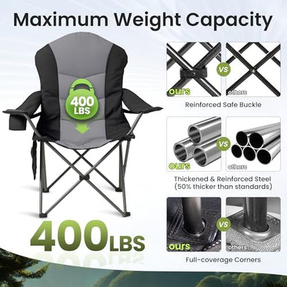 2 Pack Folding Camping Chairs for Adults - High Back Padded Outdoor Lawn Chairs with Lumbar Support & Cup Holder, 400lbs Heavy Duty Portable Camping Chairs Set (Black & Gray, 2 PCS)