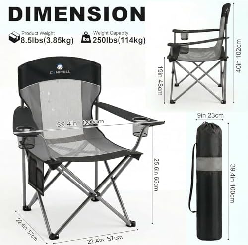 2 Pack Camping Chairs for Adults,Oversized Mesh Back Lawn Chair with Cup Holder, Side Pocket&Bag for Outdoor,Beach,Picnic,Fishing,and Sports,Breathable,Heavy Duty,Black