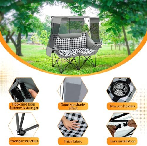 Teenyyou Double Camping Chair with Canopy 660lbs Heavy Duty, Grey Plaid