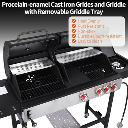 2-in-1 Propane Gas & Charcoal Grill with Griddle & Side Burner