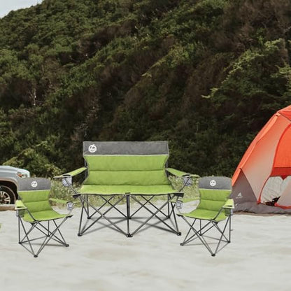 Northroad Outdoor Camping Chair Set of 3,Folding Padded Camp Chair,Collapsible Conversation Set w/1 Sofa,2 Single Chairs for Family Patio,Beach (Green)