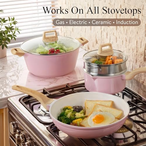 CAROTE 21pcs Ceramic Cookware Set, Pots and Pans Set, Pink