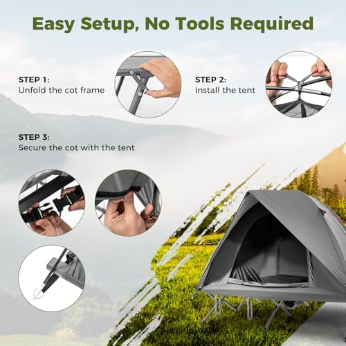 GYMAX 2-Person Tent Cot, 3 in 1 Folding Off-Ground Cot Bed Combo with Portable Wheeled Bag, Waterproof Rainfly, 2 Mesh Doors & Skylight Roof for Hiking, Backpacking, Outdoor