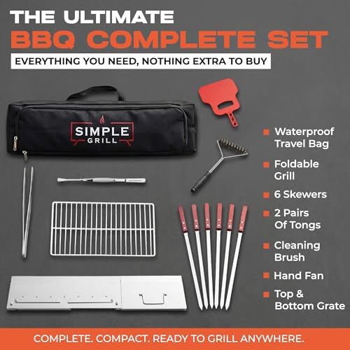 TSG Portable Stainless Steel Mangal Charcoal Grill For Shish Kebab, Steaks, Burgers | 20X12Inch| Includes 6 Skewers, 2 Tongs & Carry Bag | Foldable & Rustproof for Outdoor Cooking | Serves 8-12 People