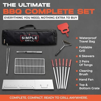 TSG Portable Stainless Steel Mangal Charcoal Grill For Shish Kebab, Steaks, Burgers | 20X12Inch| Includes 6 Skewers, 2 Tongs & Carry Bag | Foldable & Rustproof for Outdoor Cooking | Serves 8-12 People