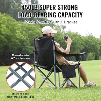 VEVOR Oversized Camping Folding Chair, Portable Heavy Duty Outdoor Quad Lumbar Back Padded with Side Pockets, Cup Holder and Cooler Bag for Beach, Lawn, Picnic, Fishing, Backpacking, Black