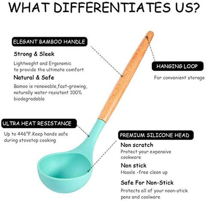 MIBOTE Silicone Cooking Kitchen Utensils Set, Wooden Handle, Teal