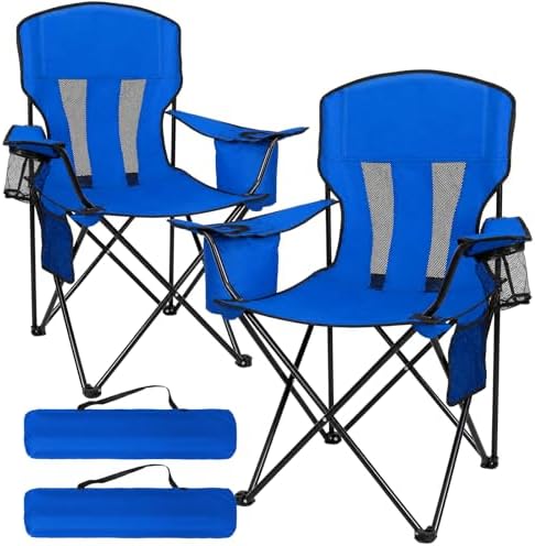 2-Pack Lightweight Heavy Duty Camping Chairs, Up to 400lbs Capacity Folding Chair with Cooler Bag & Cup Holder, Oversized Portable Lawn Chair for Outdoor, Fishing, Tailgating, Beach (Blue)