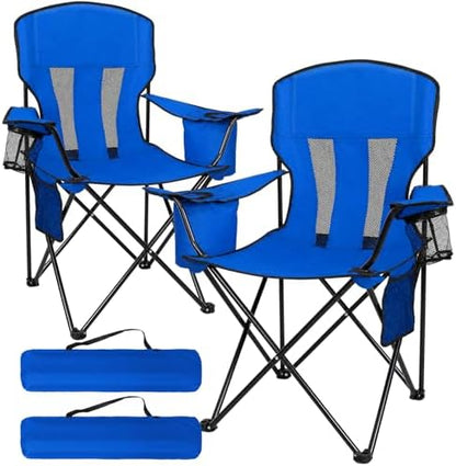 2-Pack Lightweight Heavy Duty Camping Chairs, Up to 400lbs Capacity Folding Chair with Cooler Bag & Cup Holder, Oversized Portable Lawn Chair for Outdoor, Fishing, Tailgating, Beach (Blue)