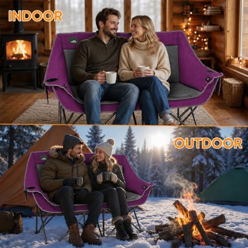 Northroad Heated Folding Loveseat Camping Chair Portable Double Duo Full Padded Garden Chair for 2 Person w/2 Cup Holder,Wine Glass Holder,Mesh Storage (Battery NOT Included)