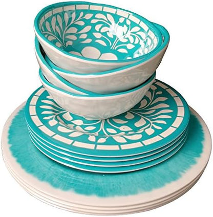 Melamine Dinnerware Sets,12Pcs Plates and Bowls Set - Green