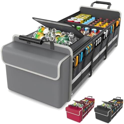 Large Trunk Organizer for SUV with Premium Portable Cooler Bag, Car Organizers and Storage with Foldable Cover, Collapsible Car Trunk Organizer for Truck, Adjustable Securing Straps, 90L+20L, Gray-C