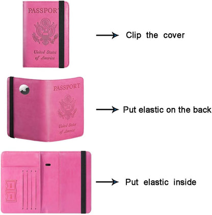 Airtag Passport Holder Cover Wallet Travel Essentials RFID Blocking Leather Card Case International Must Haves Travel Accessories for Women Men(119#Pink)