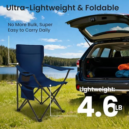SUNW 2 Pack Folding Camping Chair, 300lbs Steel Frame Outdoor Chair with Cup Holder & Side Pocket for Camping Hiking Picnic Beach, Blue